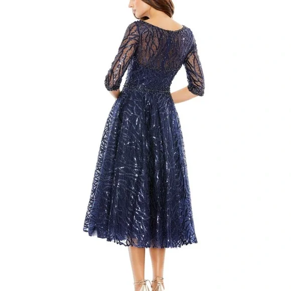 MAC DUGGAL HIGH NECK ABOVE ELBOW SLEEVE EMBELLISHED ALINE NAVY MIDI DRESS 4 - Picture 2 of 14
